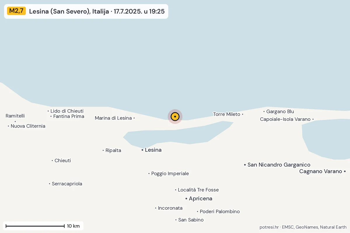 Karta: okolica epicentra, 60 km, potres M2,7, Lesina (San Severo), Italija, 17.7.2025.