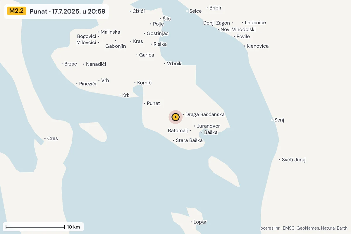 Karta: okolica epicentra, 60 km, potres M2,2, Punat, 17.7.2025.
