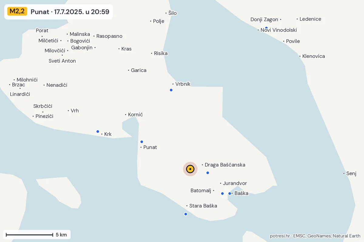 Karta: izvješća građana, potres M2,2, Punat, 17.7.2025.