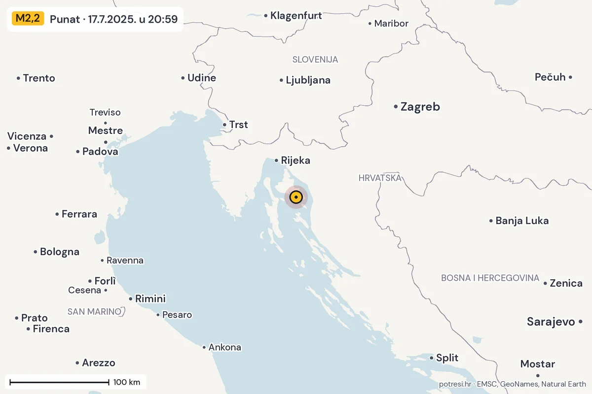 Karta: šire područje, 600 km, potres M2,2, Punat, 17.7.2025.