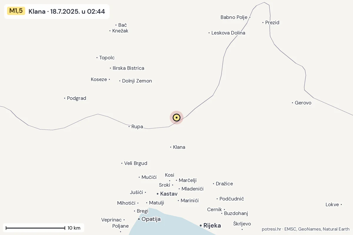 Karta: okolica epicentra, 60 km, potres M1,5, Klana, 18.7.2025.