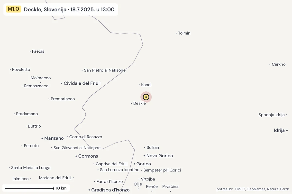Karta: okolica epicentra, 60 km, potres M1,0, Deskle, Slovenija, 18.7.2025.