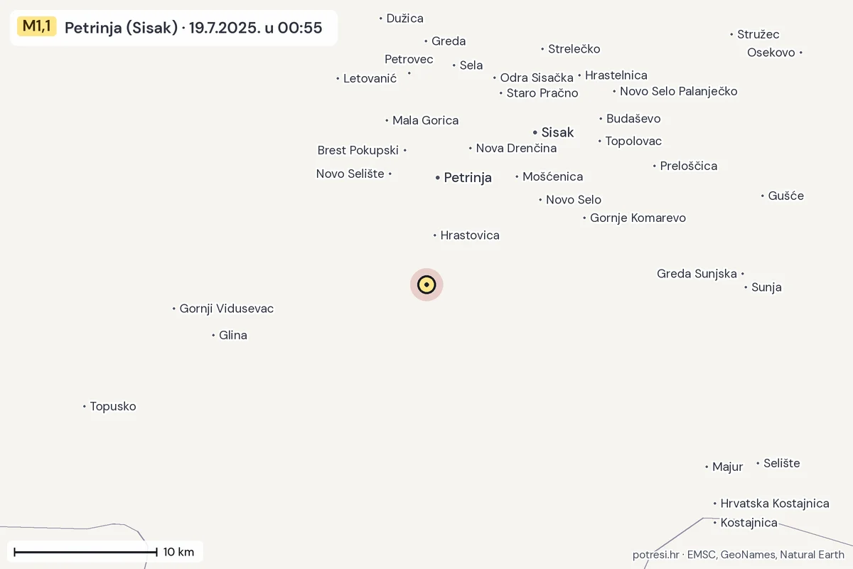 Karta: okolica epicentra, 60 km, potres M1,1, Petrinja (Sisak), 19.7.2025.