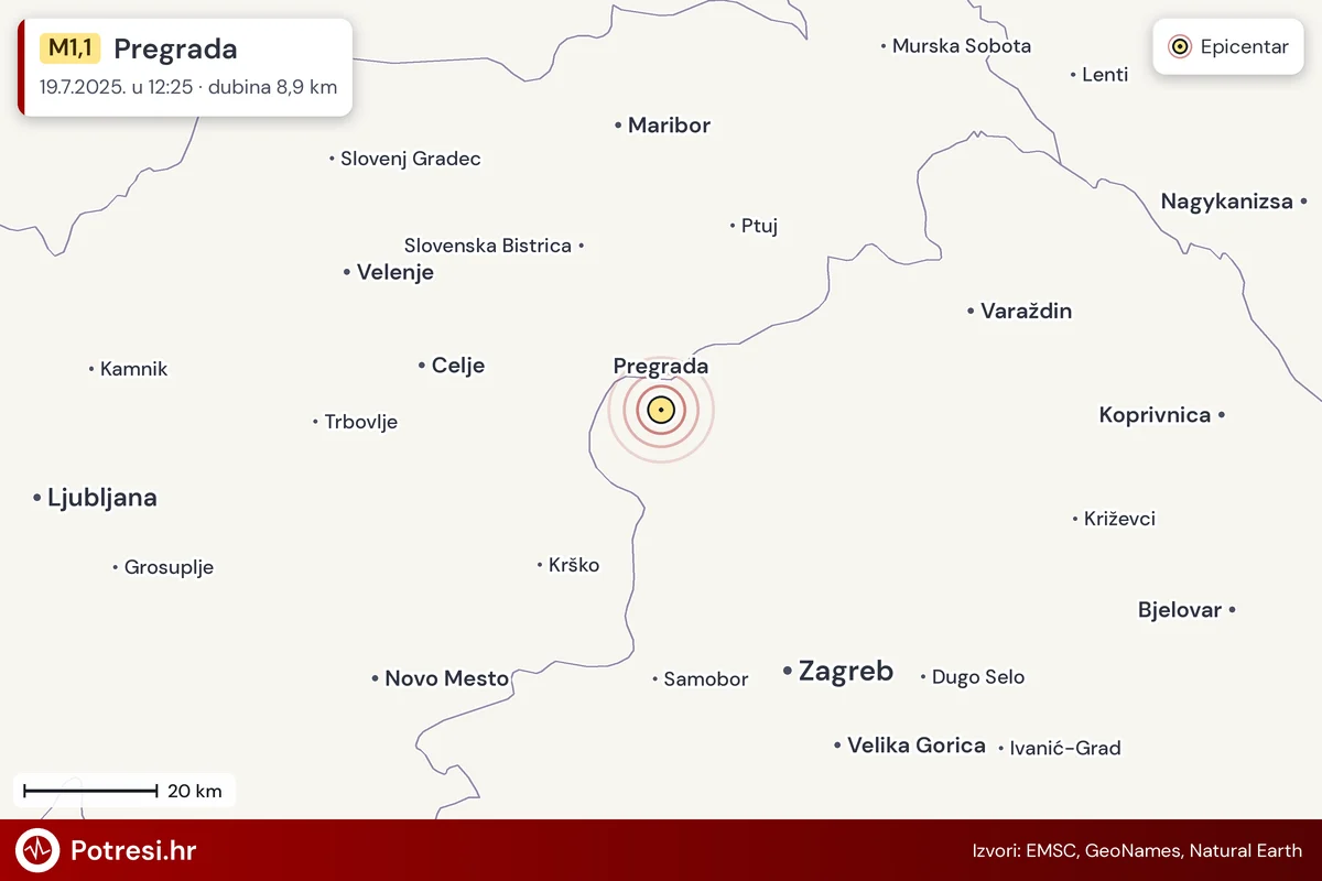 Karta: šire područje i vjerojatni doseg osjeta, potres M1,1, Pregrada, 19.7.2025.