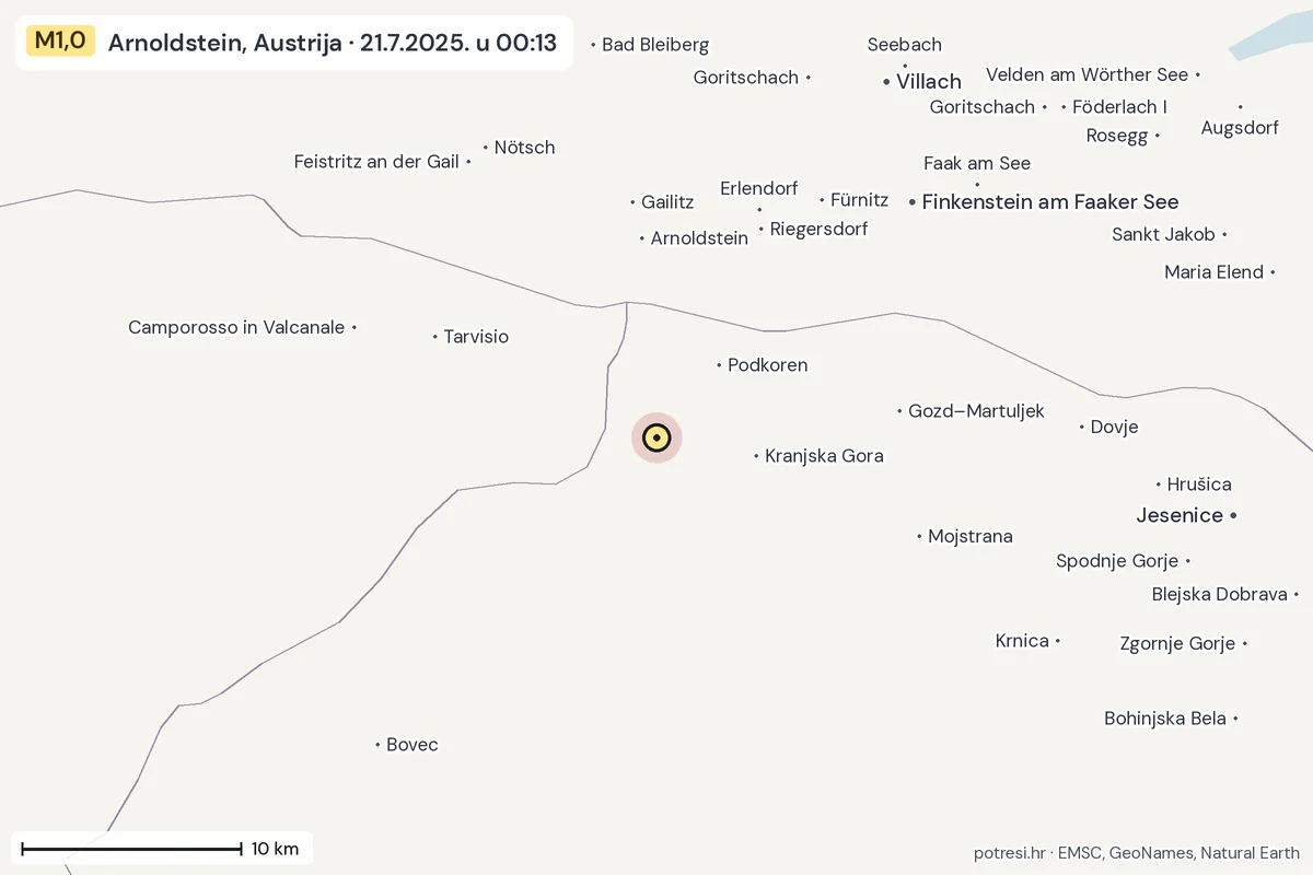Karta: okolica epicentra, 60 km, potres M1,0, Arnoldstein, Austrija, 21.7.2025.