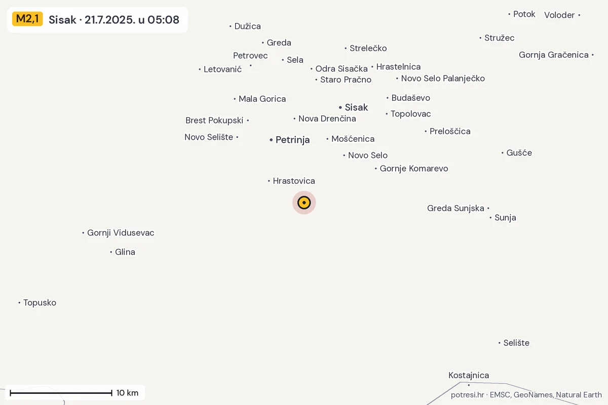 Karta: okolica epicentra, 60 km, potres M2,1, Sisak, 21.7.2025.
