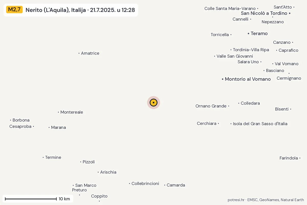 Karta: okolica epicentra, 60 km, potres M2,7, Nerito (L'Aquila), Italija, 21.7.2025.