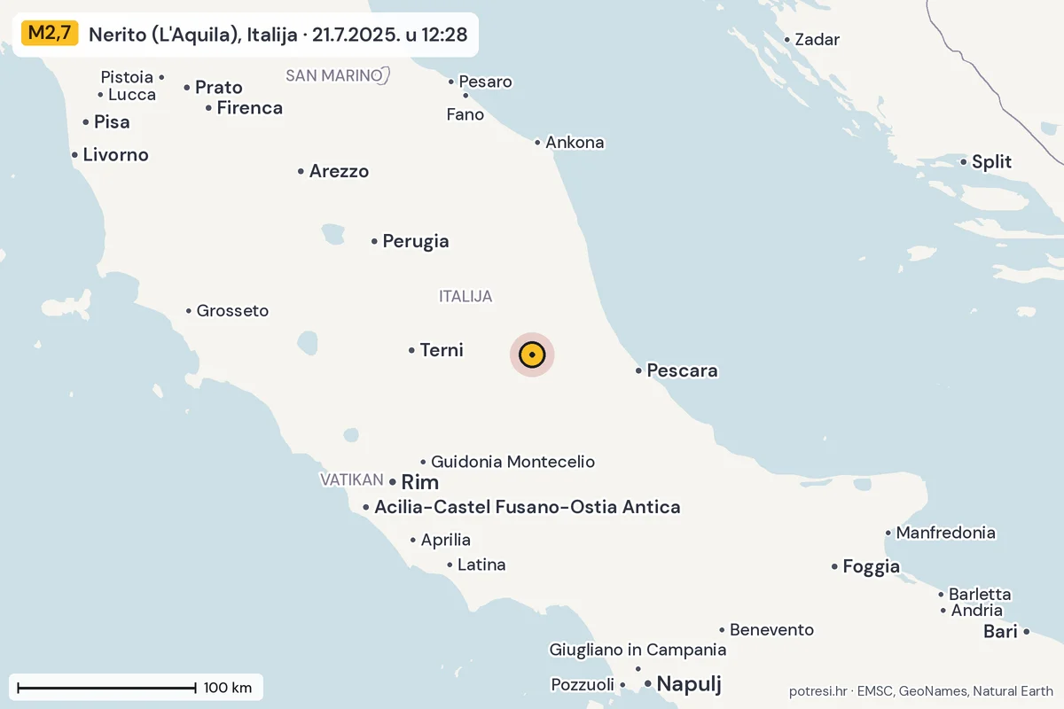 Karta: šire područje, 600 km, potres M2,7, Nerito (L'Aquila), Italija, 21.7.2025.