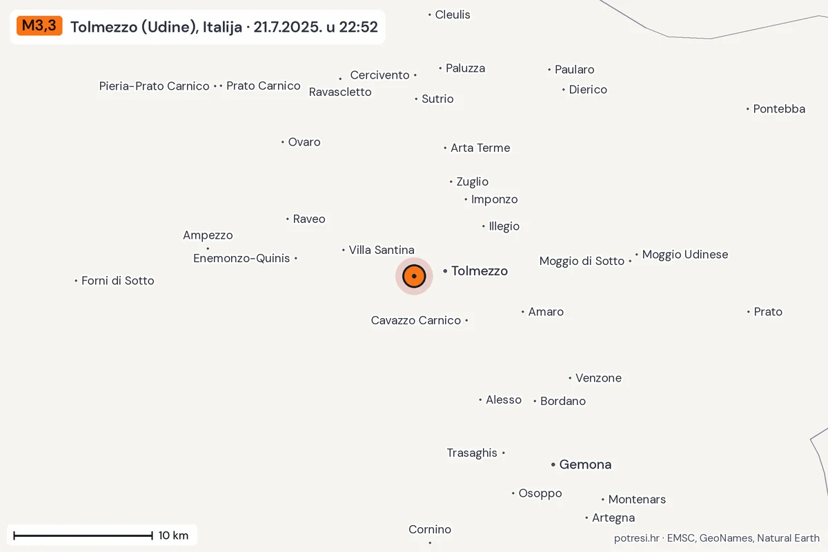 Karta: okolica epicentra, 60 km, potres M3,3, Tolmezzo (Udine), Italija, 21.7.2025.