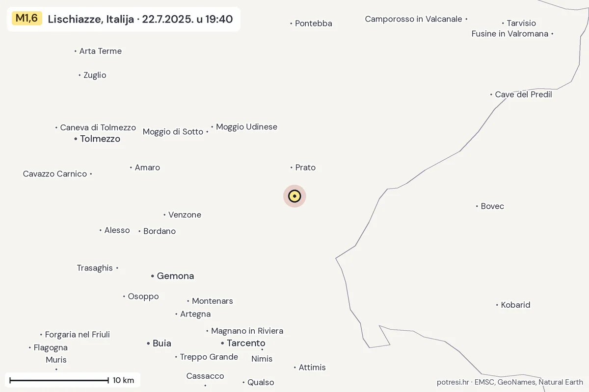 Karta: okolica epicentra, 60 km, potres M1,6, Lischiazze, Italija, 22.7.2025.