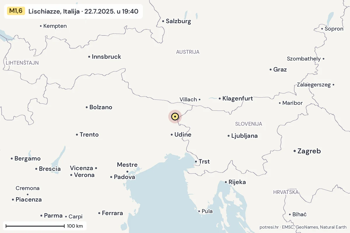 Karta: šire područje, 600 km, potres M1,6, Lischiazze, Italija, 22.7.2025.