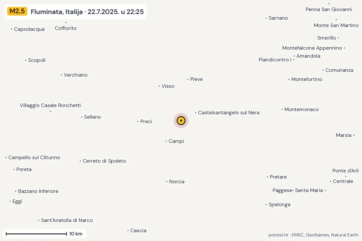 Karta: okolica epicentra, 60 km, potres M2,5, Fluminata, Italija, 22.7.2025.