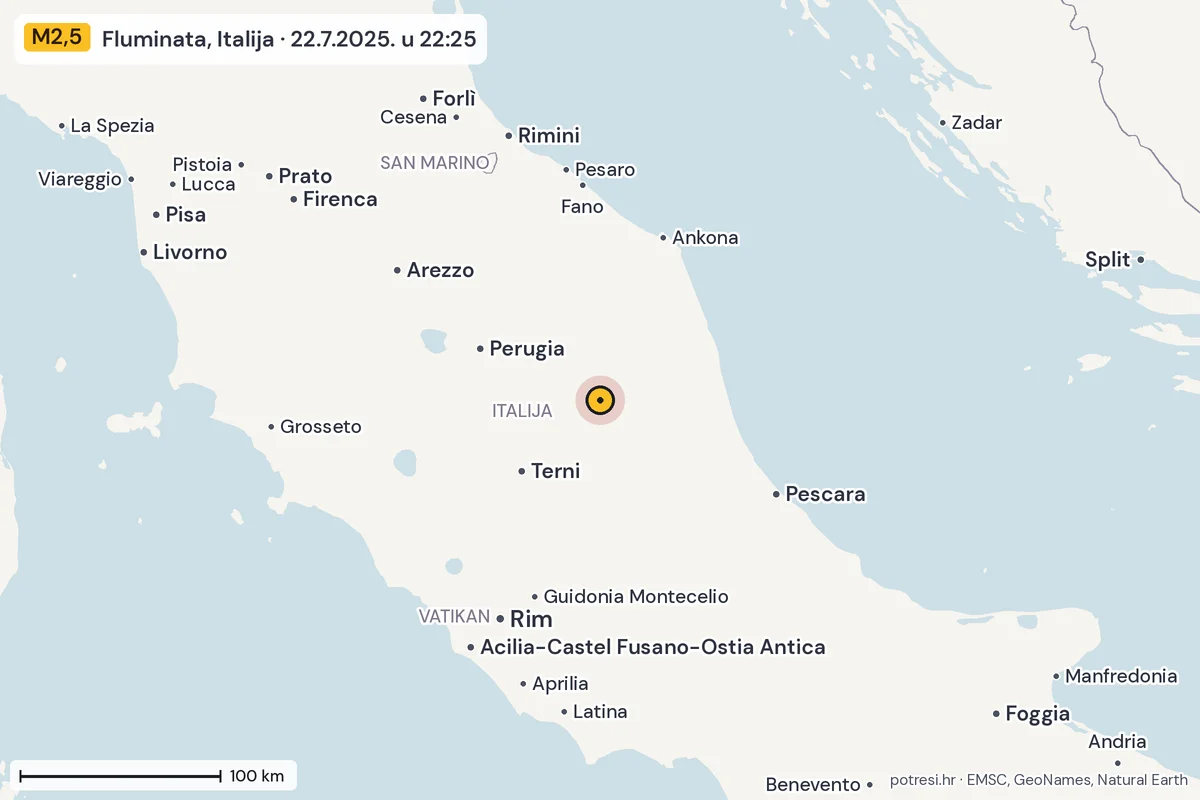 Karta: šire područje, 600 km, potres M2,5, Fluminata, Italija, 22.7.2025.