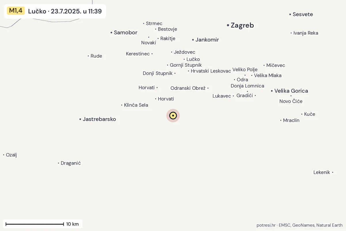 Karta: okolica epicentra, 60 km, potres M1,4, Lučko, 23.7.2025.