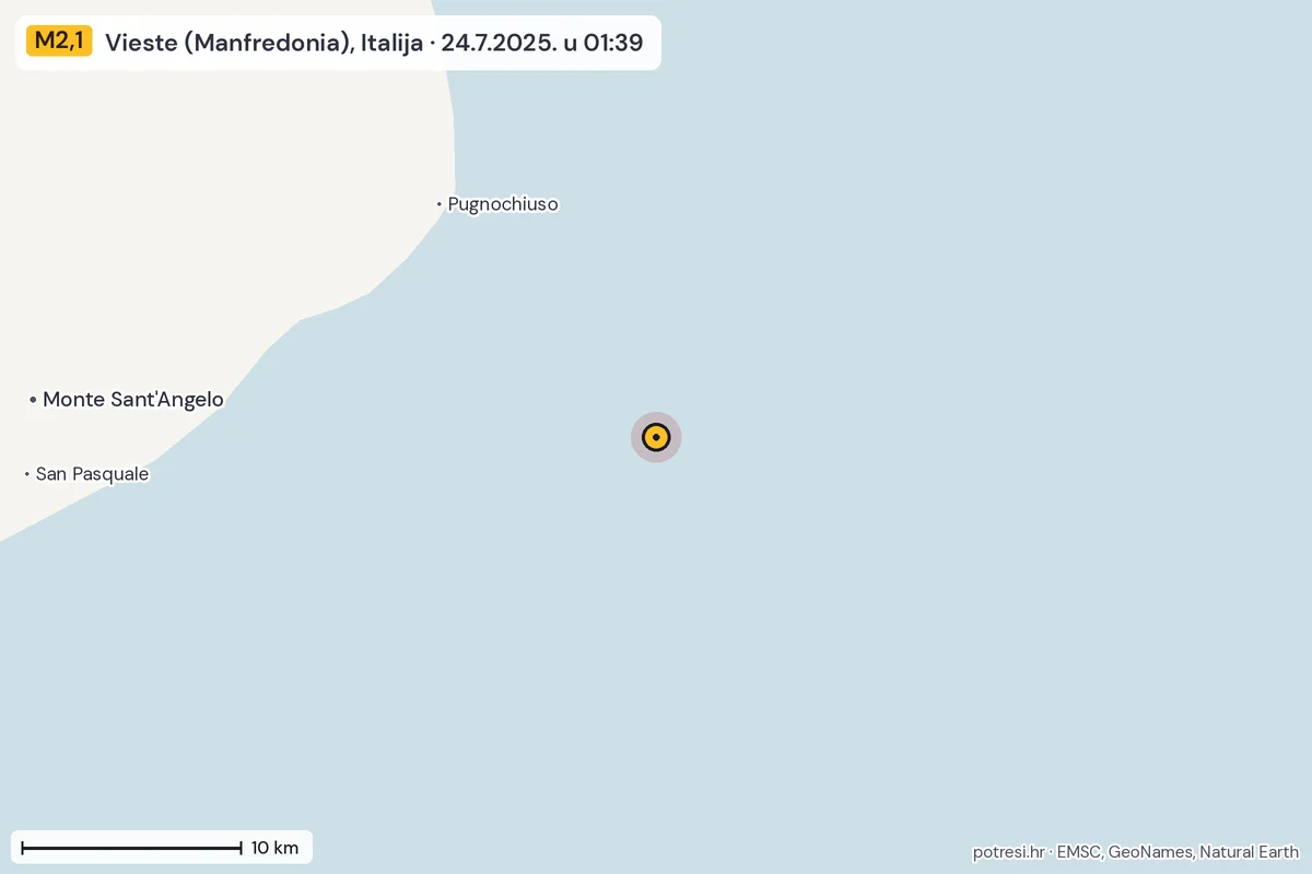 Karta: okolica epicentra, 60 km, potres M2,1, Vieste (Manfredonia), Italija, 24.7.2025.