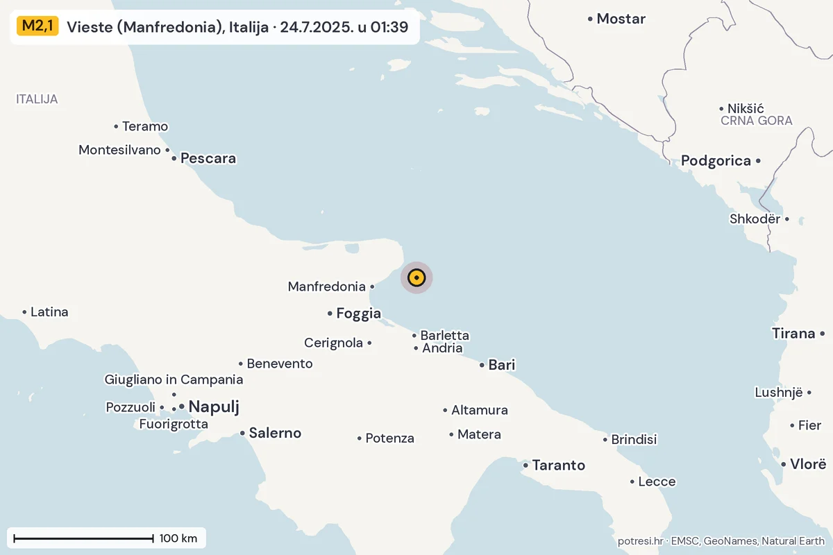 Karta: šire područje, 600 km, potres M2,1, Vieste (Manfredonia), Italija, 24.7.2025.