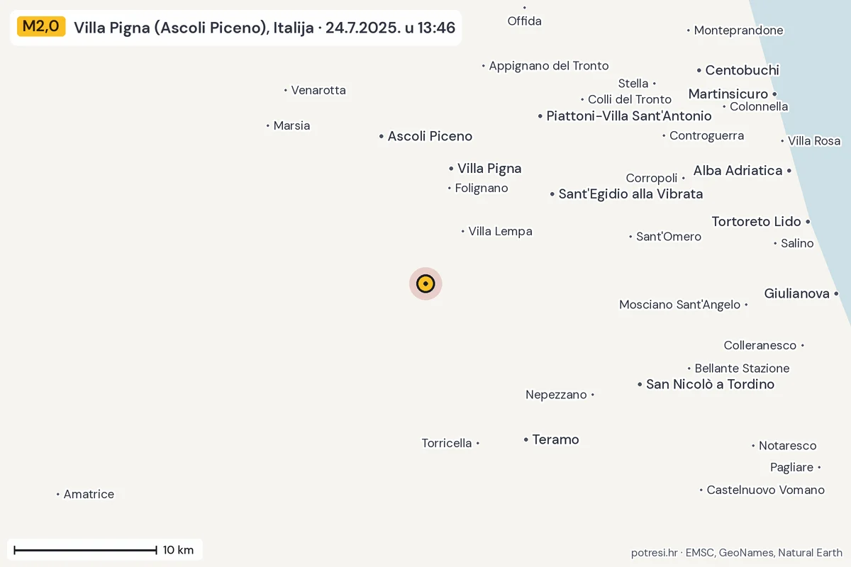 Karta: okolica epicentra, 60 km, potres M2,0, Villa Pigna (Ascoli Piceno), Italija, 24.7.2025.
