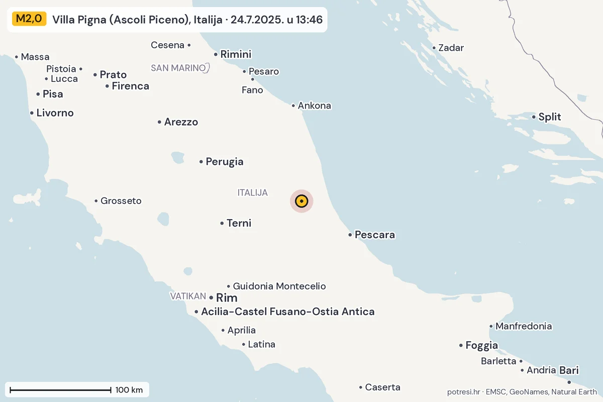 Karta: šire područje, 600 km, potres M2,0, Villa Pigna (Ascoli Piceno), Italija, 24.7.2025.