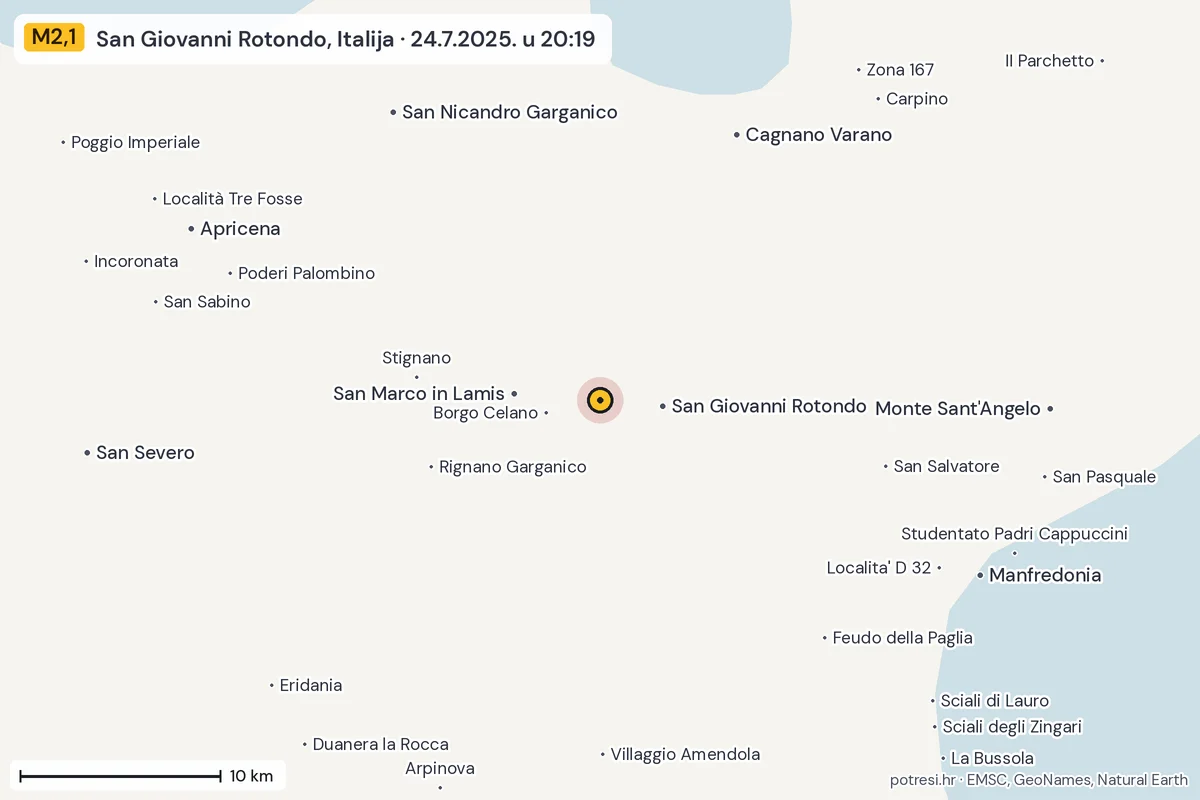 Karta: okolica epicentra, 60 km, potres M2,1, San Giovanni Rotondo, Italija, 24.7.2025.
