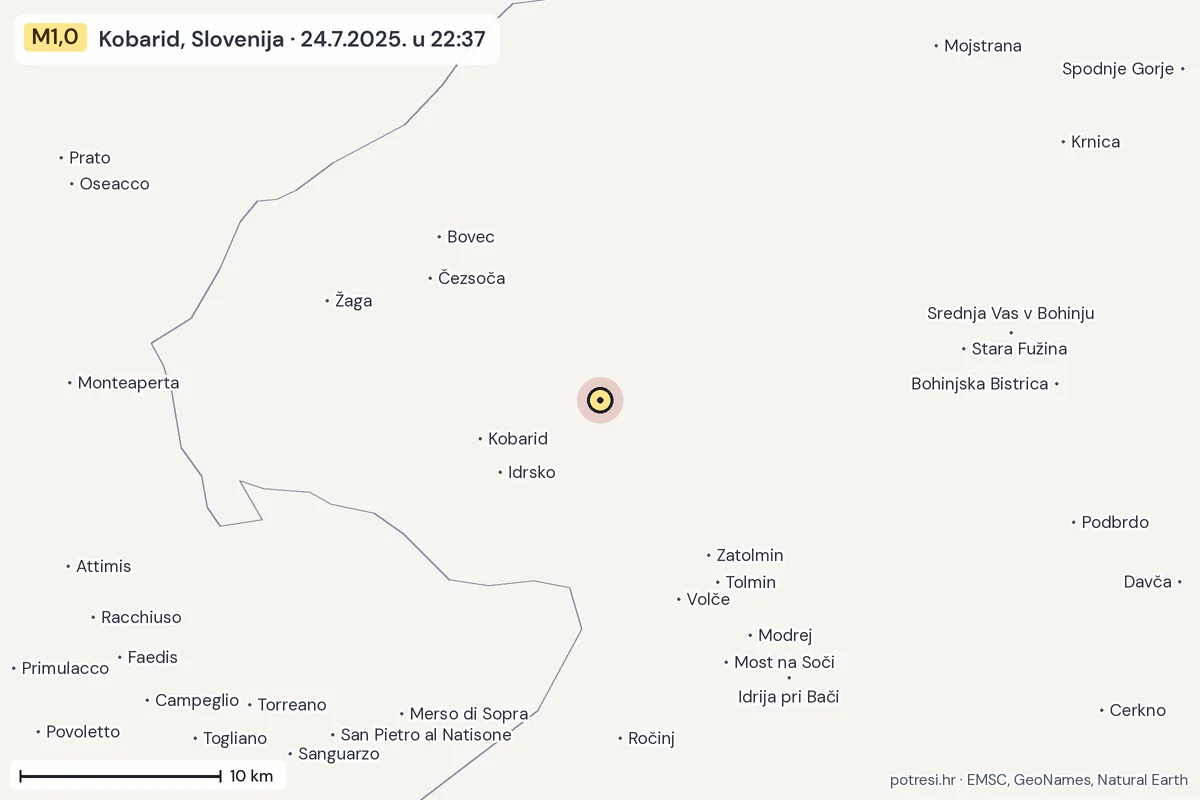 Karta: okolica epicentra, 60 km, potres M1,0, Kobarid, Slovenija, 24.7.2025.