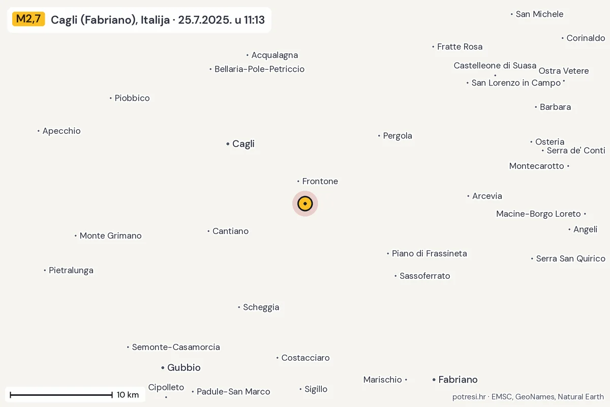 Karta: okolica epicentra, 60 km, potres M2,7, Cagli (Fabriano), Italija, 25.7.2025.