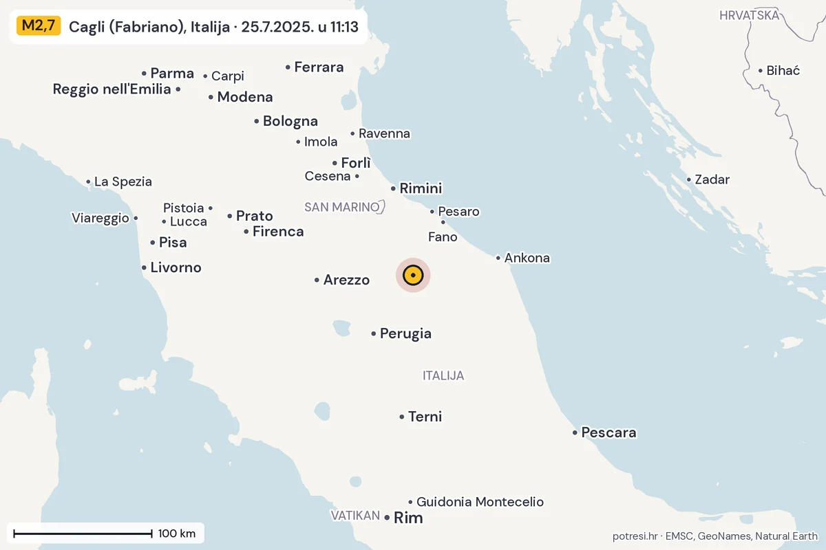 Karta: šire područje, 600 km, potres M2,7, Cagli (Fabriano), Italija, 25.7.2025.