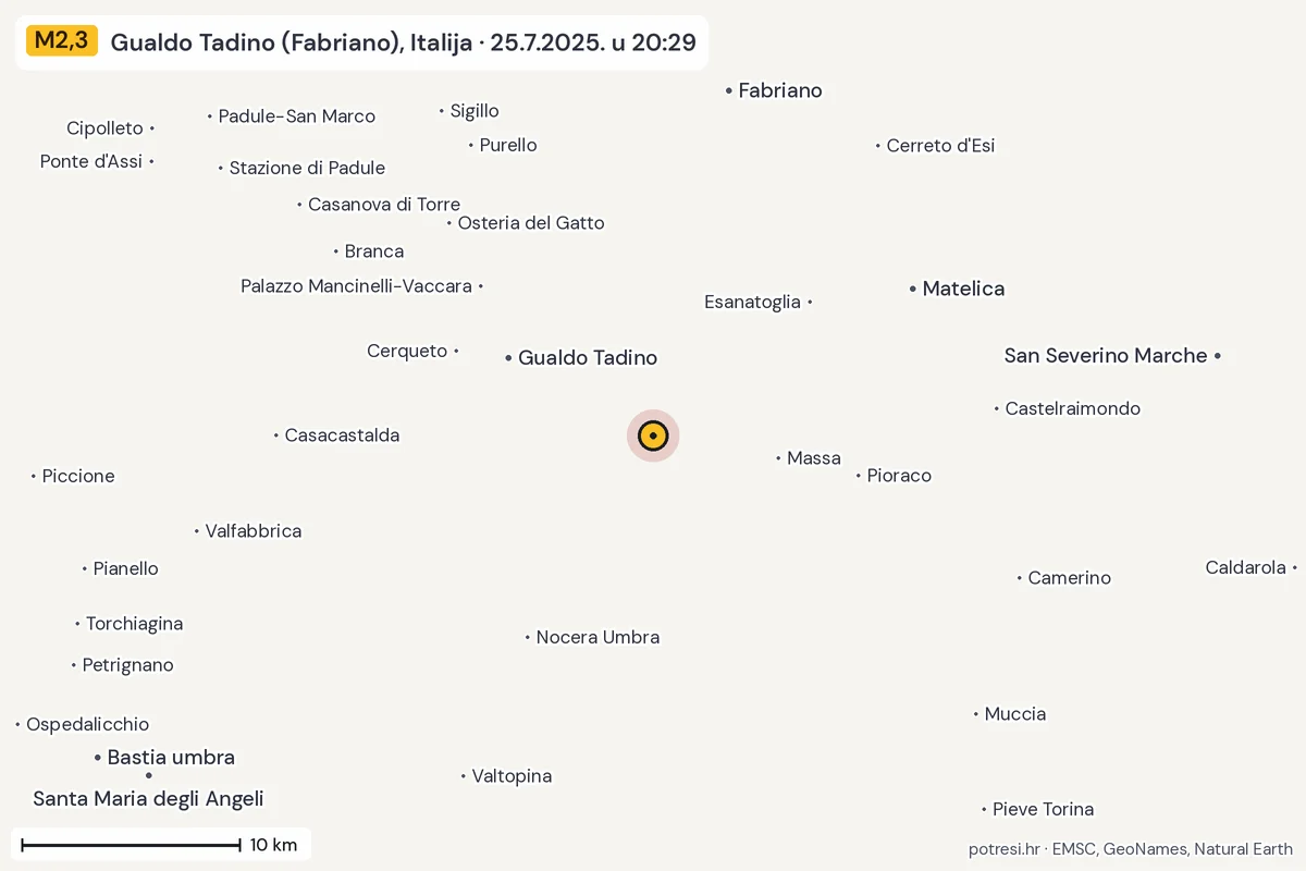 Karta: okolica epicentra, 60 km, potres M2,3, Gualdo Tadino (Fabriano), Italija, 25.7.2025.