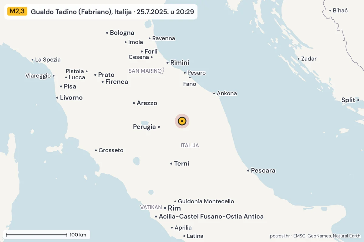 Karta: šire područje, 600 km, potres M2,3, Gualdo Tadino (Fabriano), Italija, 25.7.2025.