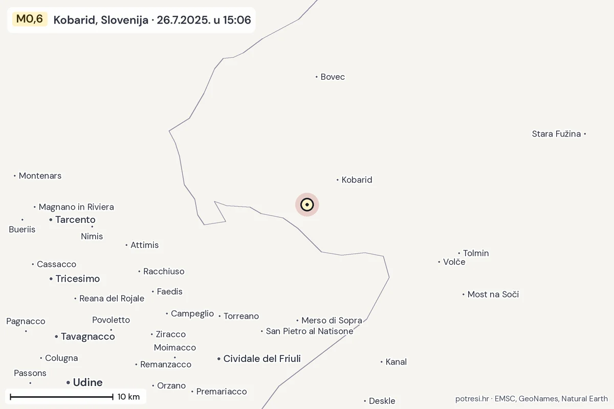 Karta: okolica epicentra, 60 km, potres M0,6, Kobarid, Slovenija, 26.7.2025.