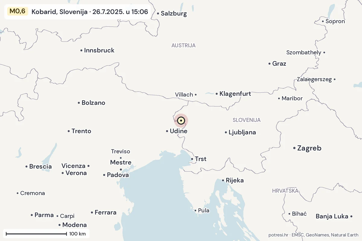 Karta: šire područje, 600 km, potres M0,6, Kobarid, Slovenija, 26.7.2025.