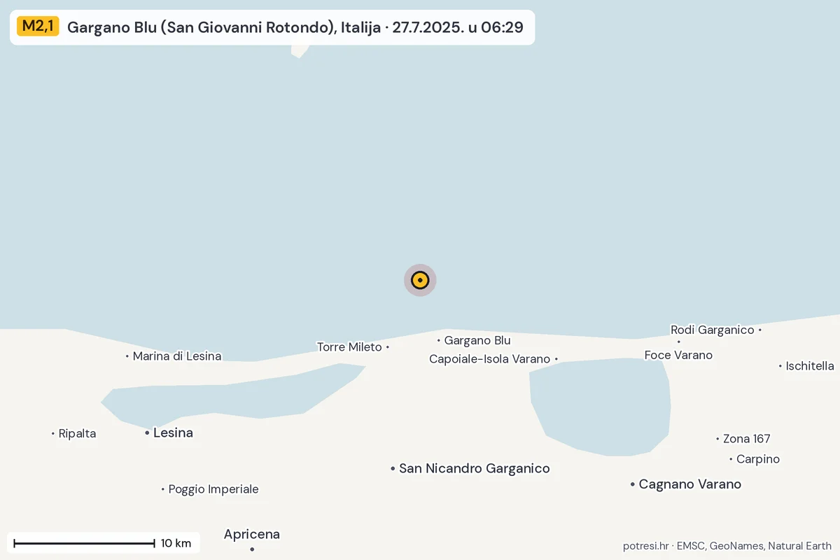 Karta: okolica epicentra, 60 km, potres M2,1, Gargano Blu (San Giovanni Rotondo), Italija, 27.7.2025.