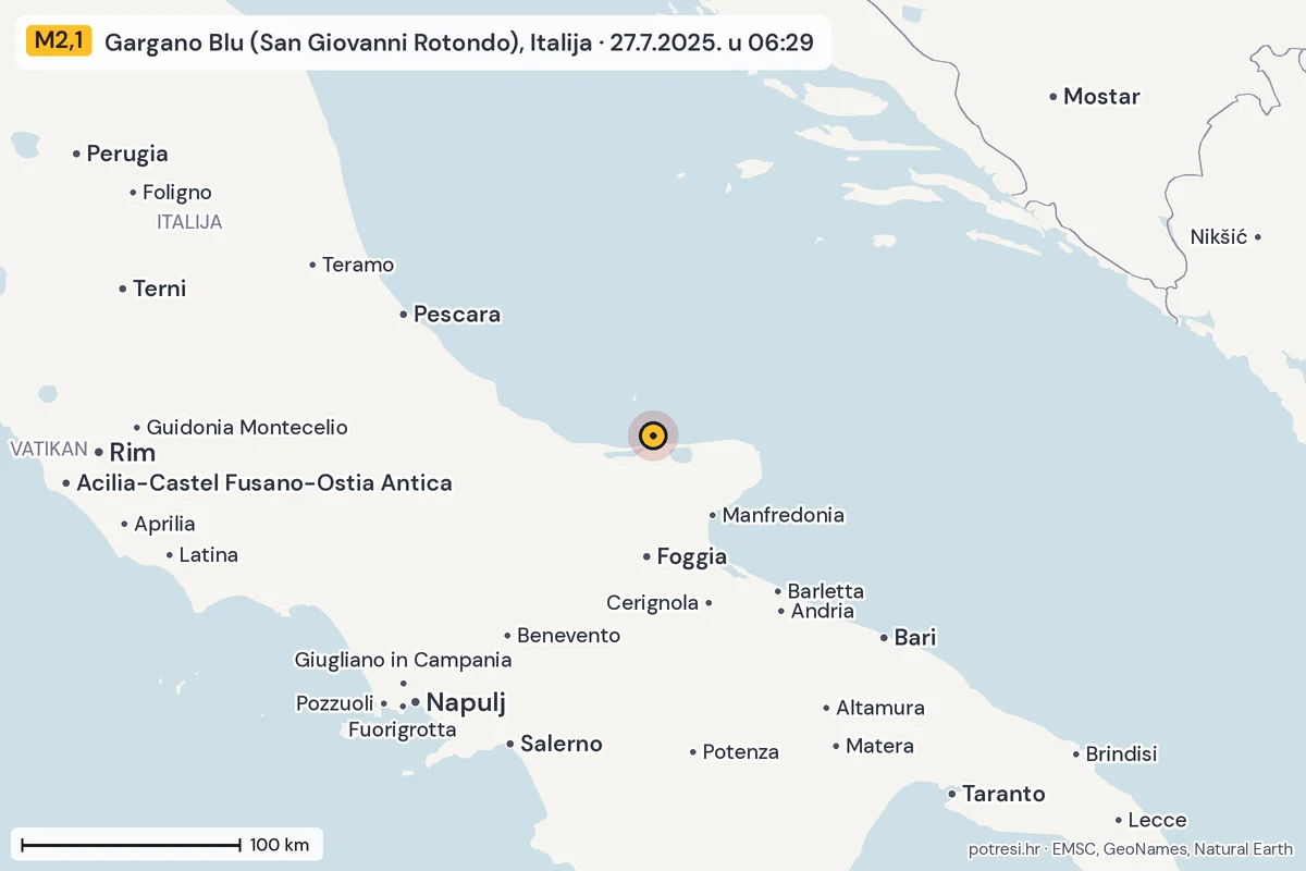 Karta: šire područje, 600 km, potres M2,1, Gargano Blu (San Giovanni Rotondo), Italija, 27.7.2025.