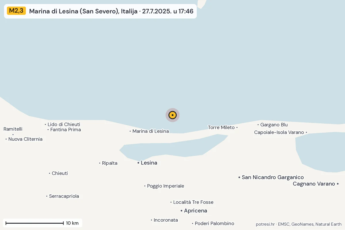 Karta: okolica epicentra, 60 km, potres M2,3, Marina di Lesina (San Severo), Italija, 27.7.2025.