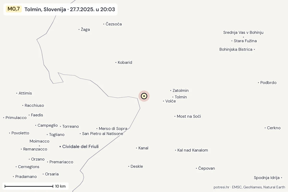 Karta: okolica epicentra, 60 km, potres M0,7, Tolmin, Slovenija, 27.7.2025.