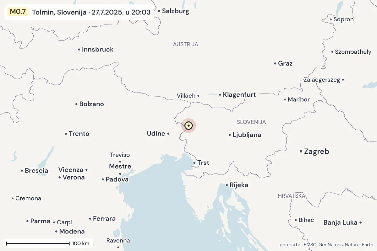 Karta: šire područje, 600 km, potres M0,7, Tolmin, Slovenija, 27.7.2025.