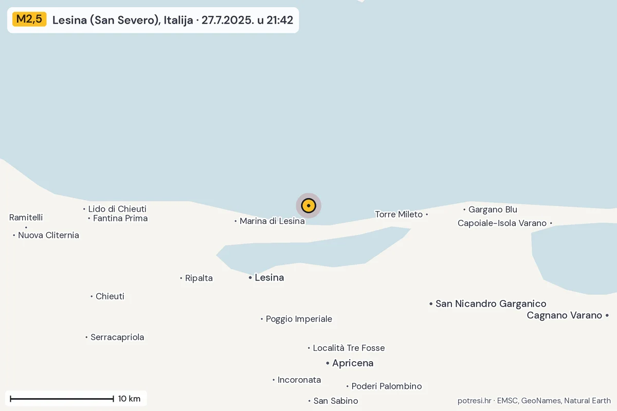 Karta: okolica epicentra, 60 km, potres M2,5, Lesina (San Severo), Italija, 27.7.2025.