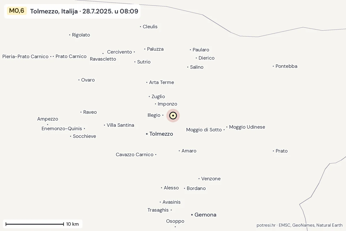 Karta: okolica epicentra, 60 km, potres M0,6, Tolmezzo, Italija, 28.7.2025.