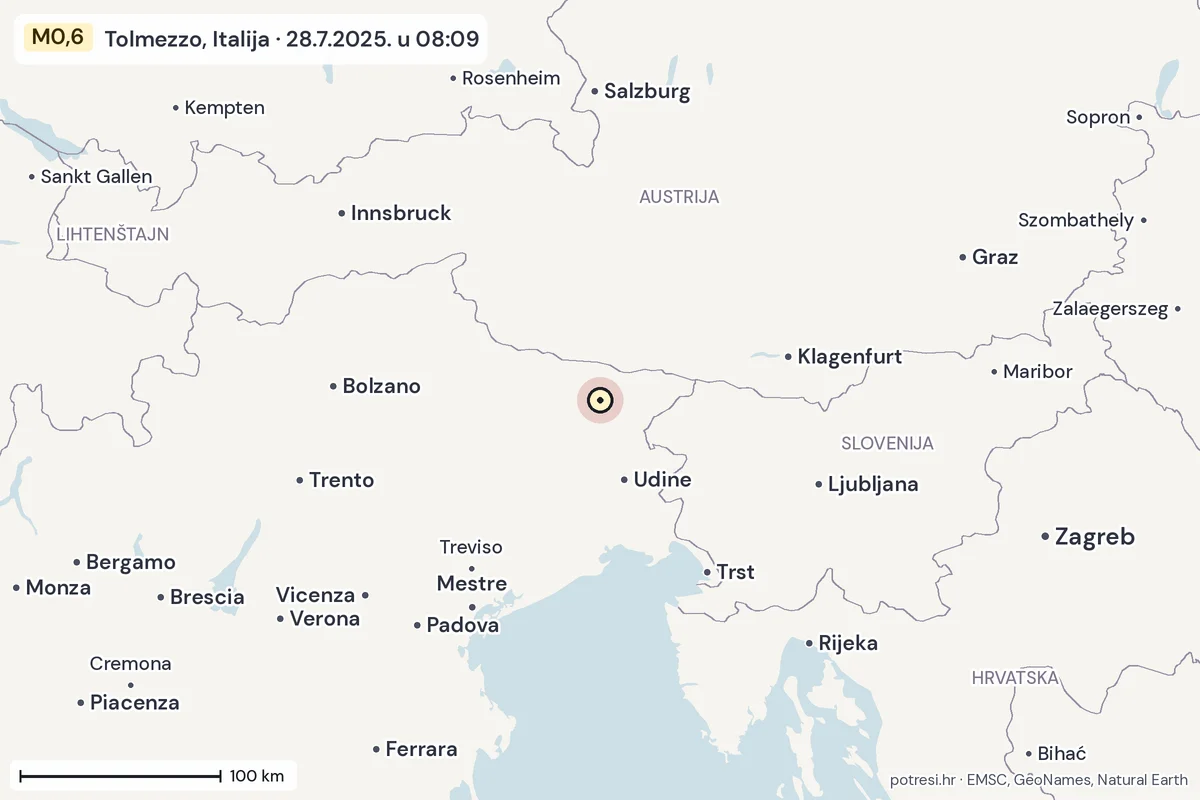 Karta: šire područje, 600 km, potres M0,6, Tolmezzo, Italija, 28.7.2025.