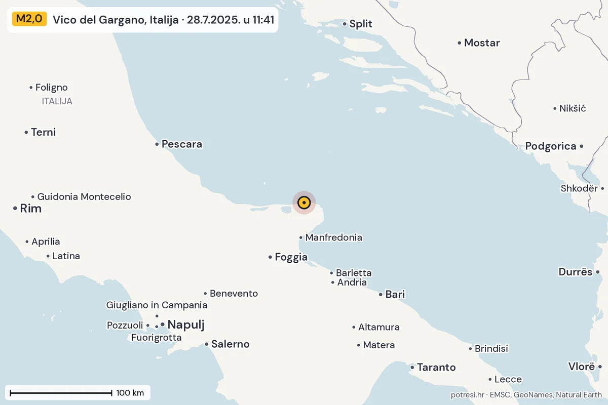 Karta: šire područje, 600 km, potres M2,0, Vico del Gargano, Italija, 28.7.2025.