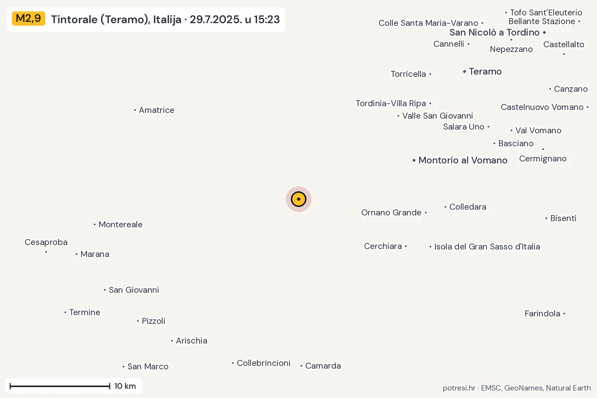 Karta: okolica epicentra, 60 km, potres M2,9, Tintorale (Teramo), Italija, 29.7.2025.