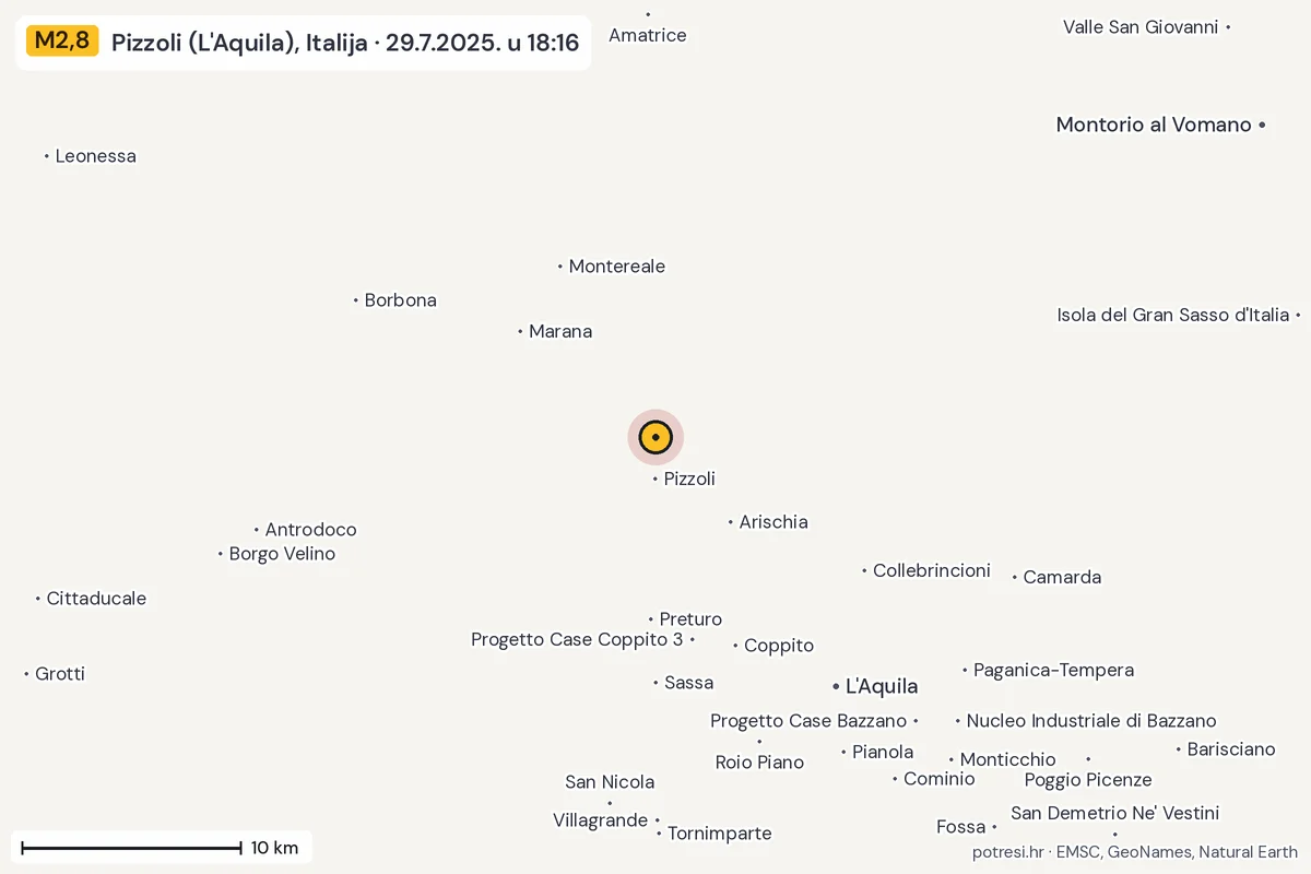 Karta: okolica epicentra, 60 km, potres M2,8, Pizzoli (L'Aquila), Italija, 29.7.2025.