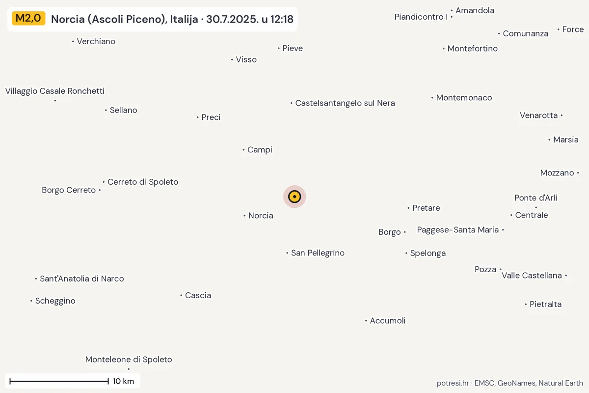 Karta: okolica epicentra, 60 km, potres M2,0, Norcia (Ascoli Piceno), Italija, 30.7.2025.