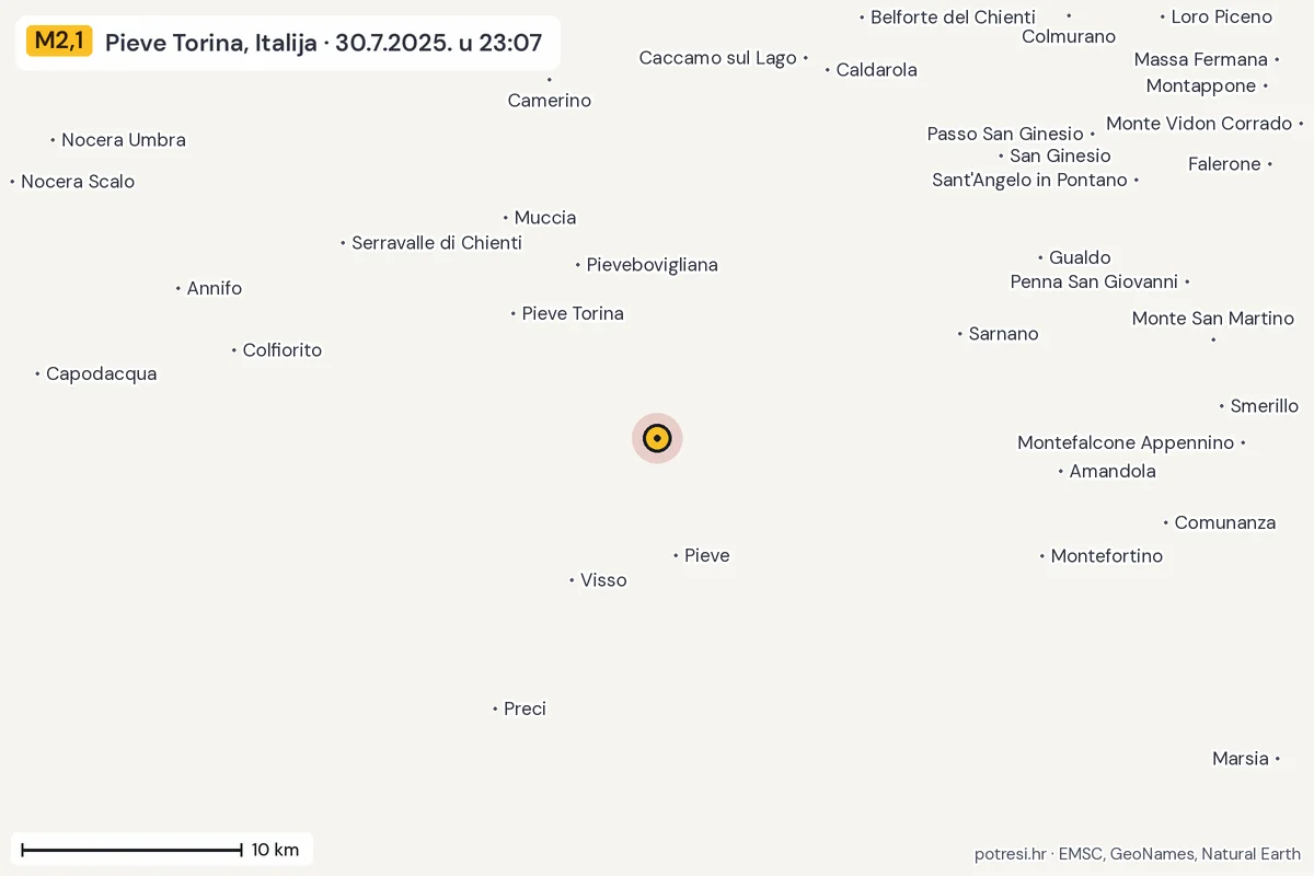 Karta: okolica epicentra, 60 km, potres M2,1, Pieve Torina, Italija, 30.7.2025.