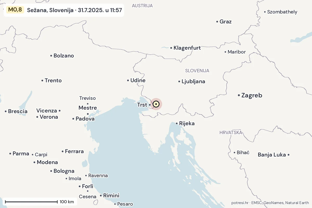 Karta: šire područje, 600 km, potres M0,8, Sežana, Slovenija, 31.7.2025.