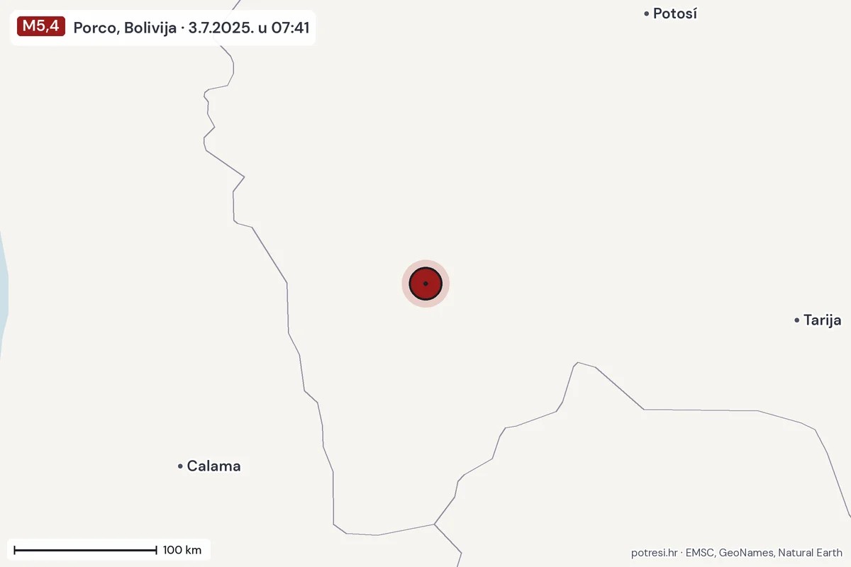 Karta: šire područje, 600 km, potres M5,4, Porco, Bolivija, 3.7.2025.