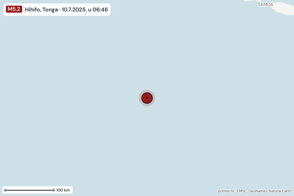 Karta: šire područje, 600 km, potres M5,2, Hihifo, Tonga, 10.7.2025.
