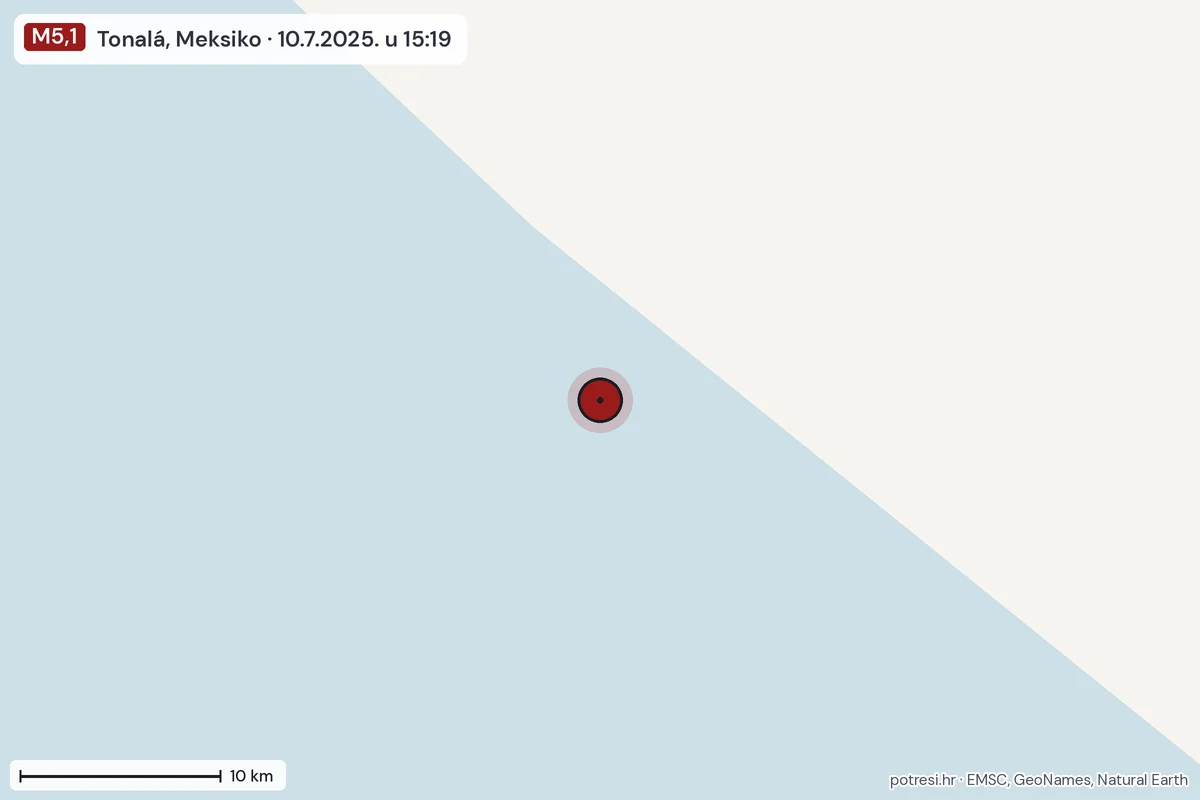 Karta: okolica epicentra, 60 km, potres M5,1, Tonalá, Meksiko, 10.7.2025.