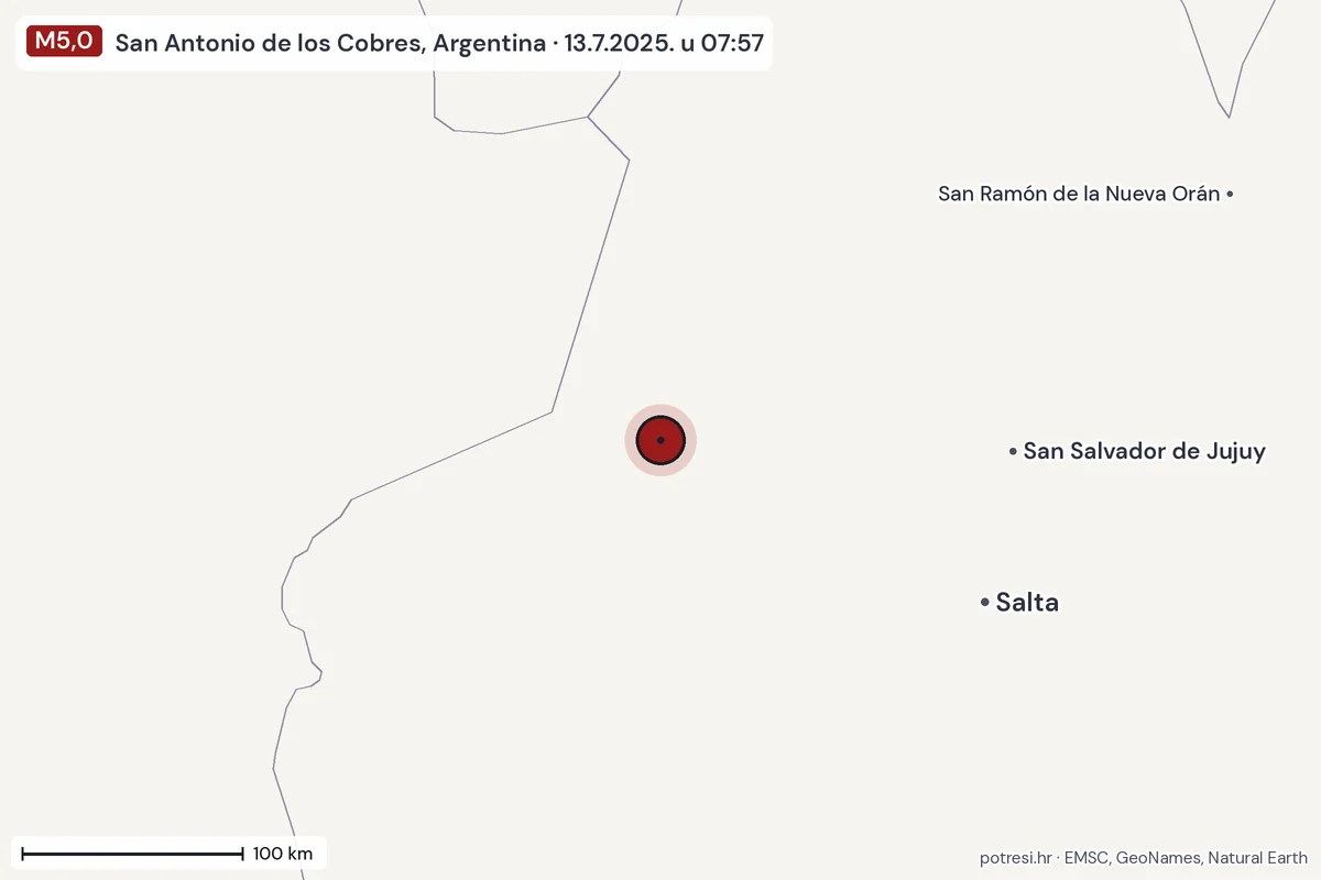 Karta: šire područje, 600 km, potres M5,0, San Antonio de los Cobres, Argentina, 13.7.2025.