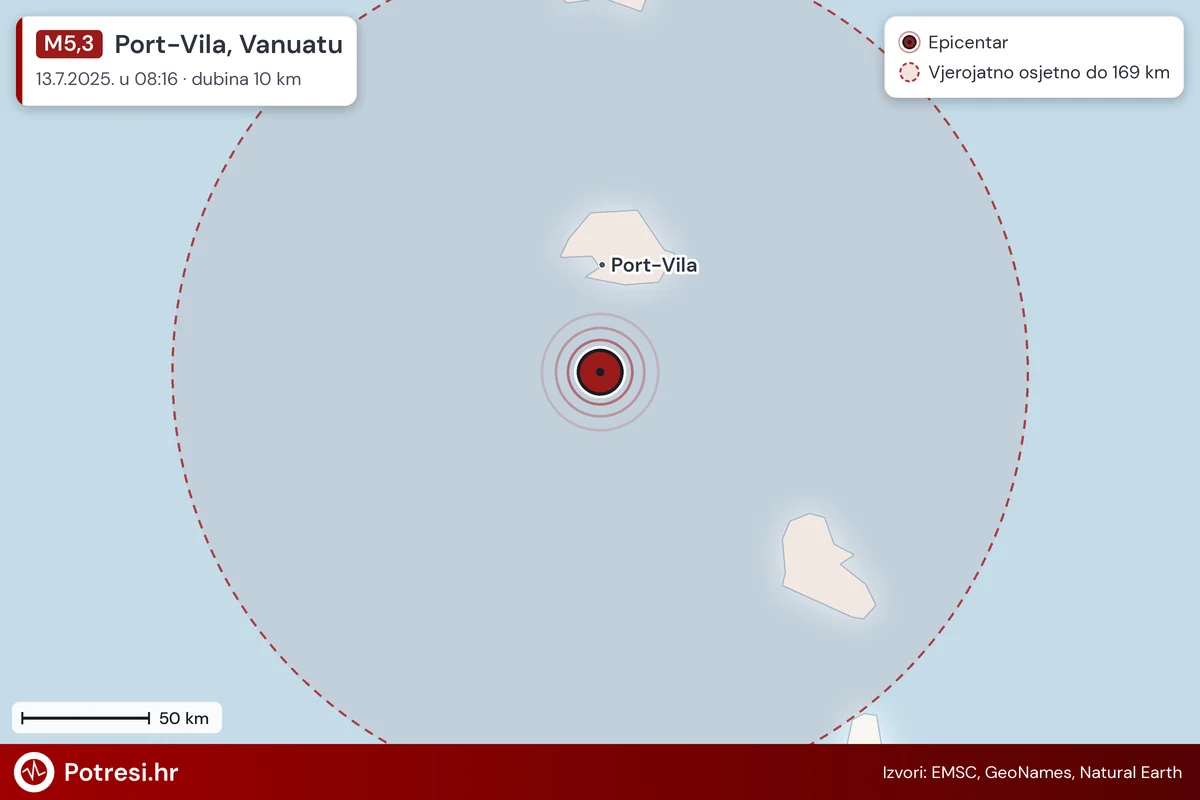 Karta: šire područje i vjerojatni doseg osjeta, potres M5,3, Port-Vila, Vanuatu, 13.7.2025.