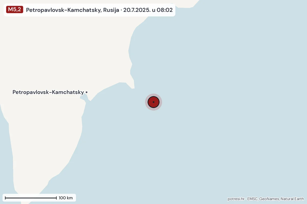 Karta: šire područje, 600 km, potres M5,2, Petropavlovsk-Kamchatsky, Rusija, 20.7.2025.